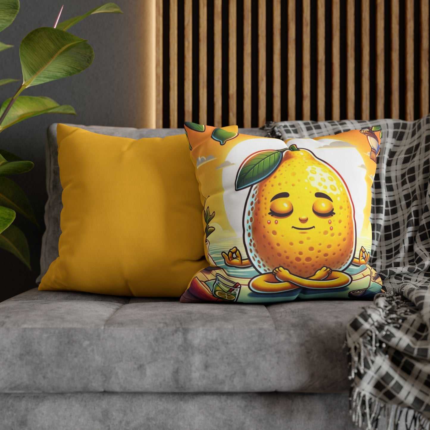 Meditating Lemon Square Poly Canvas Pillowcase